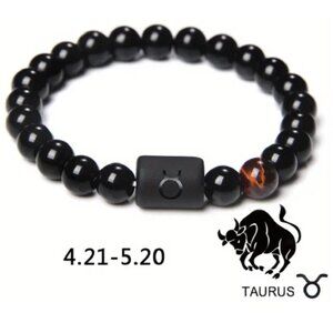 Taurus Zodiac Signs Charm Bracelet Natural 8mm Black Onyx Stone Beads